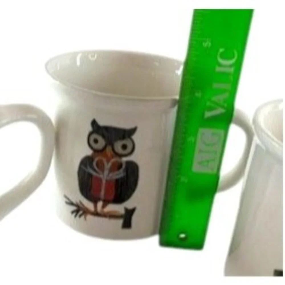 3 POTTERY BARN DENISE FIEDLER WHIMSICAL CAT,FOX & OWL MUGS -A FUN TASTE OF NATUR